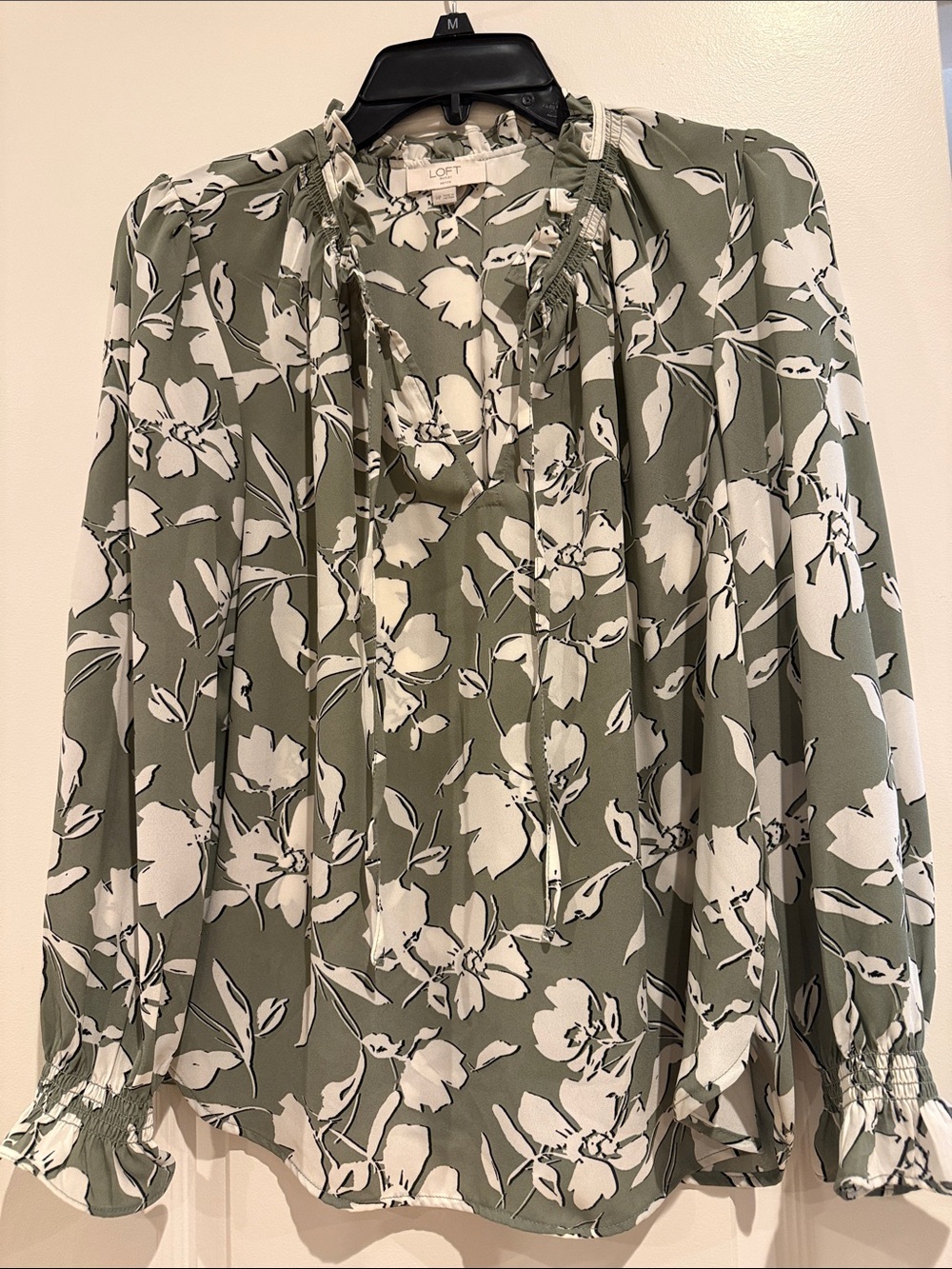 LOFT medium Olive and White Floral Tie-Neck Blouse
